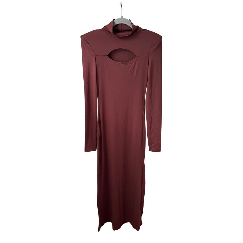Womens Brown Cut Out Bodycon Maxi Dress Small Long Sleeve Mock Neck Shoulder Pad - Picture 2 of 9